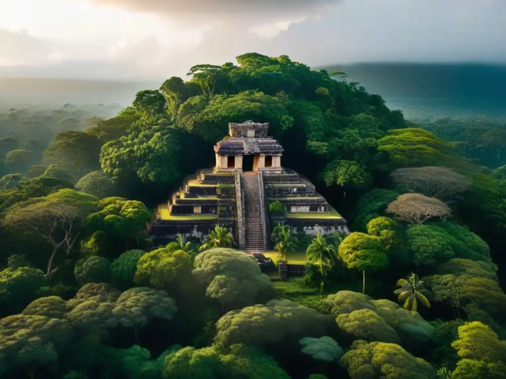 Vista aérea de la exuberante selva con ruinas mayas entre la densa vegetación