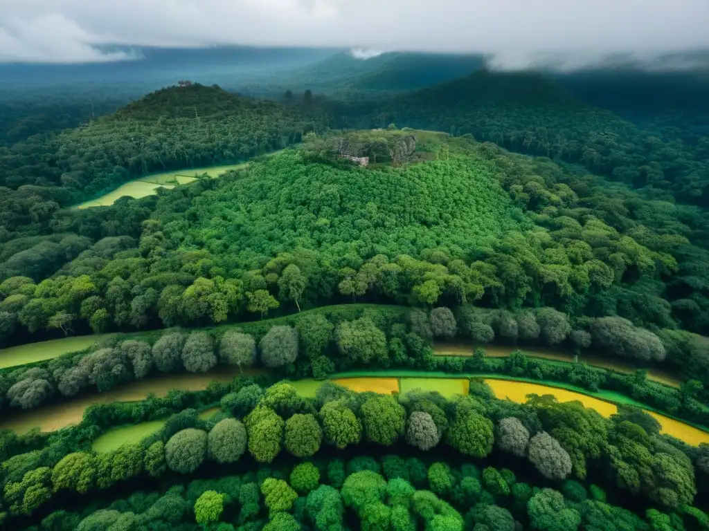 Vista aérea de la ingeniería forestal maya sostenible en la exuberante selva tropical