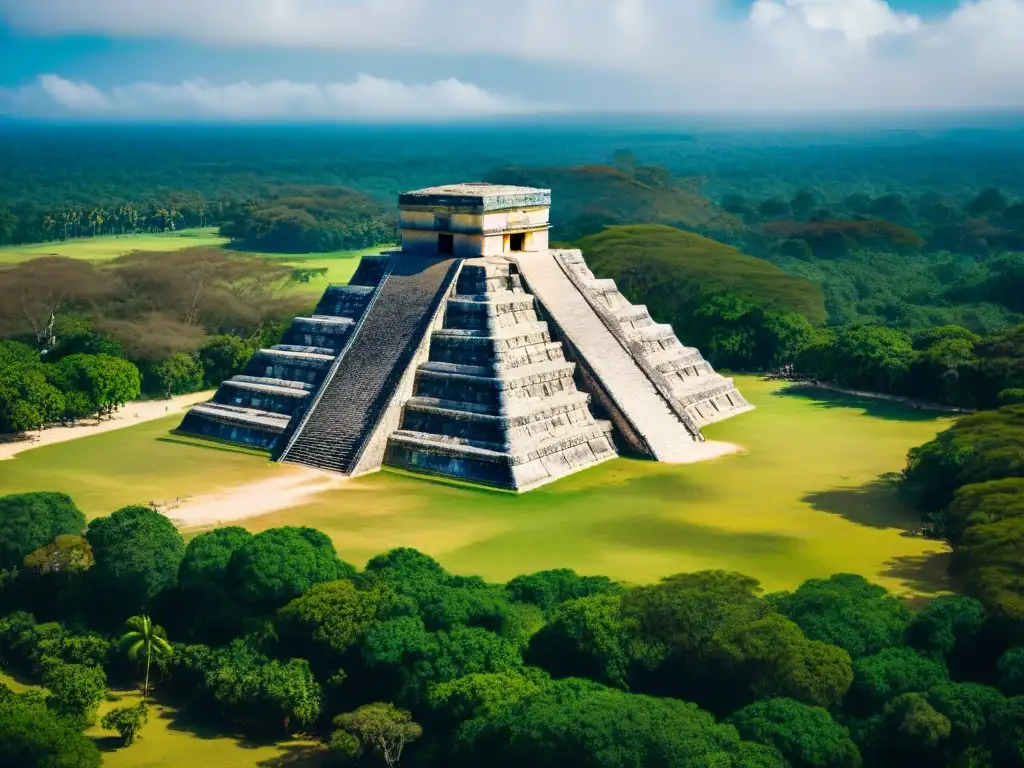 Vista aérea de las icónicas pirámides mayas de Chichén Itzá, resaltando su significado cultural e histórico, rodeadas de exuberante vegetación