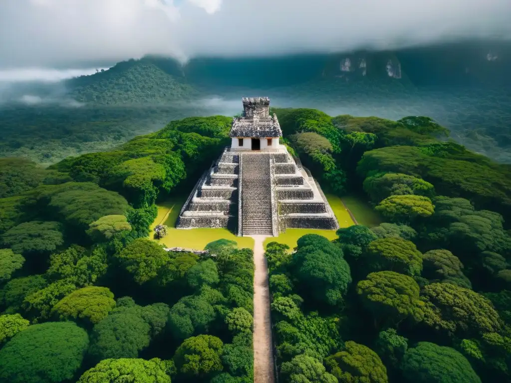 Vista aérea impresionante de Aguateca, ciudad maya en acantilado con templos y palacios entre vegetación exuberante