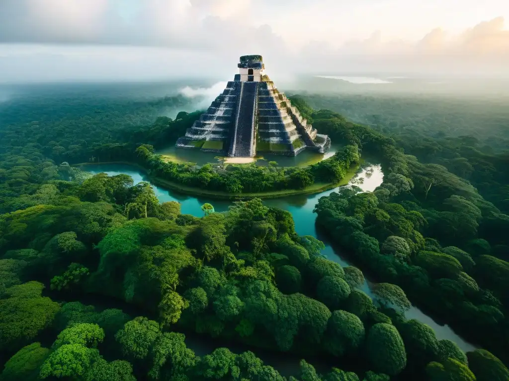 Vista aérea impresionante de la antigua ciudad maya de Tikal, con su red de canales y reservorios, destacando su arquitectura maya en armonía natural