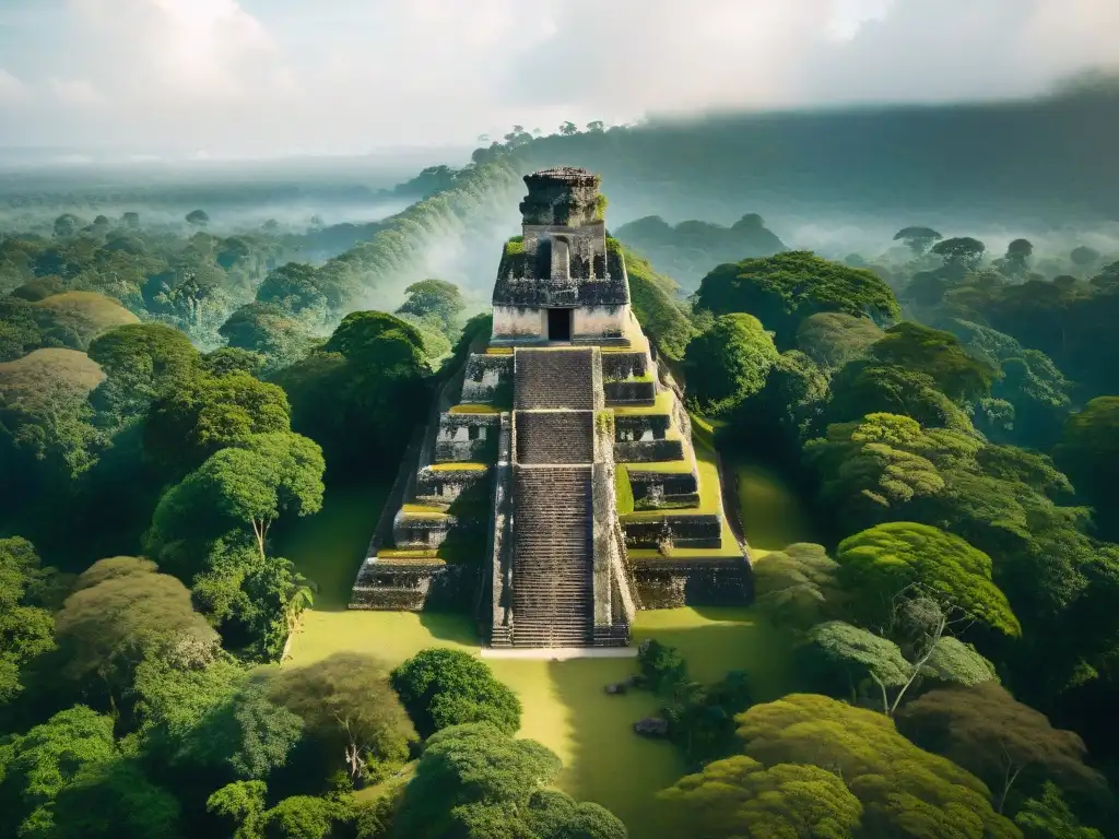 Una vista aérea impresionante de las antiguas ruinas mayas de Tikal en Guatemala, entre la exuberante selva verde