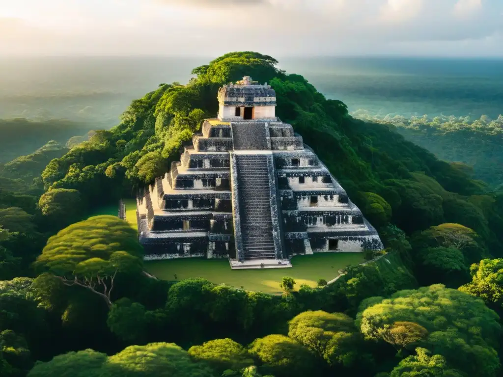 Vista aérea impresionante de la ciudad maya de Aguateca en un acantilado, con sus estructuras de piedra y exuberante vegetación