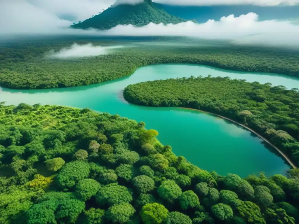 Vista aérea impresionante de comunidad Maya rodeada de vegetación exuberante y sistemas de agua