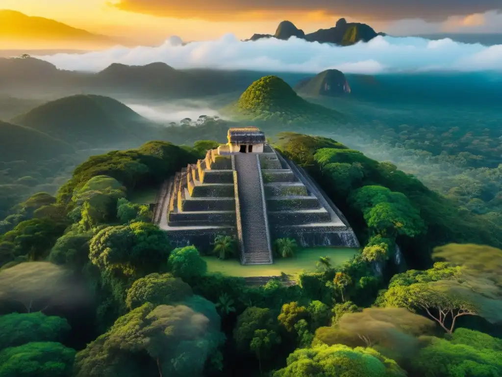 Vista aérea impresionante de la densa selva alrededor de El Mirador, revelando la grandeza de las pirámides entre la exuberante vegetación