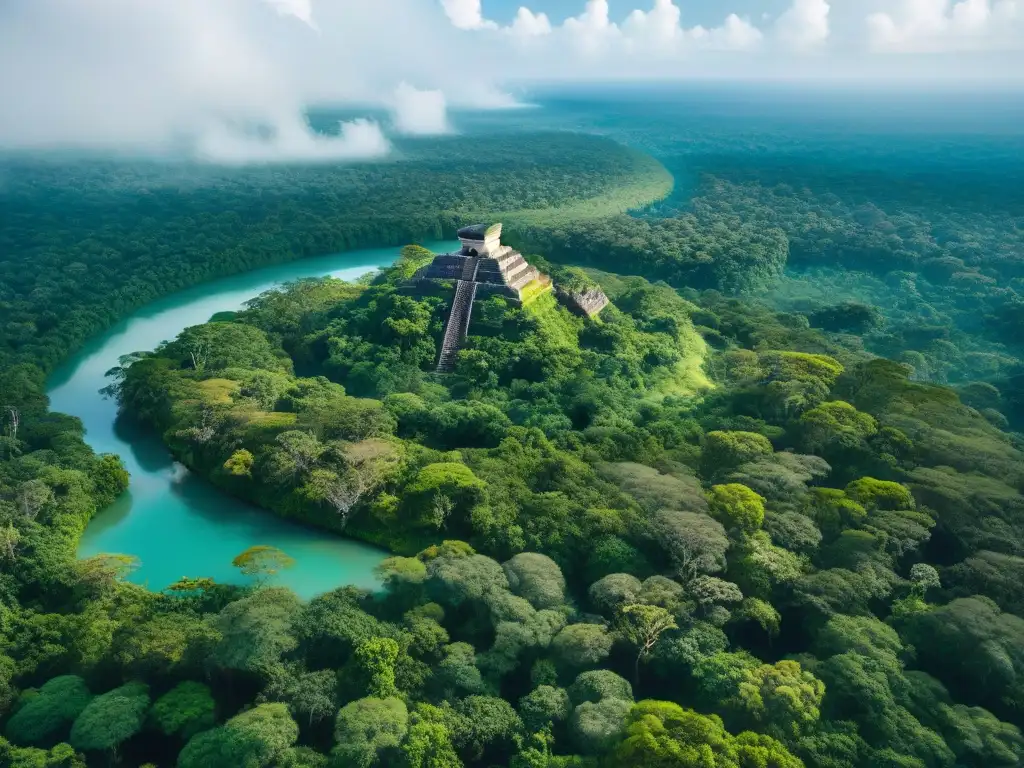 Vista aérea impresionante de la Reserva de la Biosfera Maya, con exuberante vegetación y ruinas de un templo maya entre la densa selva