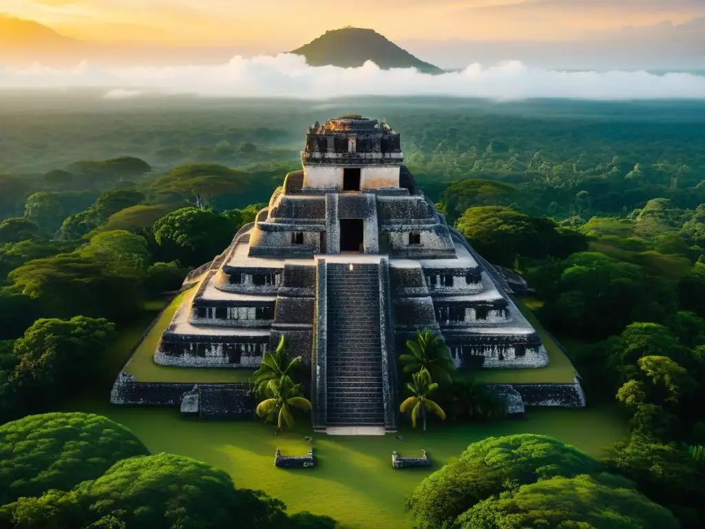 Vista aérea impresionante de las ruinas mayas de Caracol en Belice, resaltando el observatorio y fortalezas en la exuberante jungla