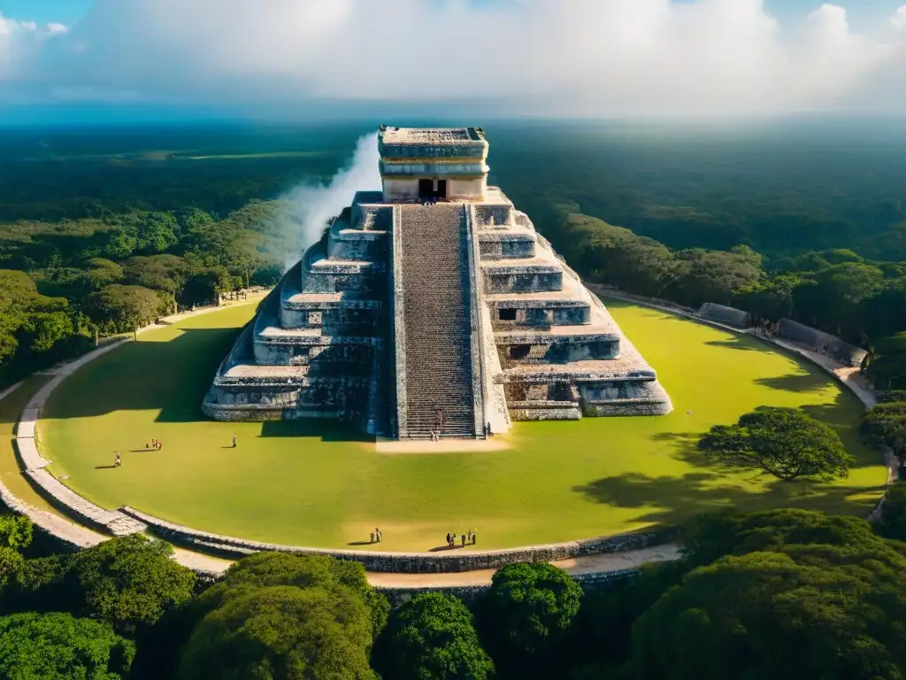 Vista aérea impresionante del templo maya de Kukulkán en Chichén Itzá, con la pirámide serpenteante destacada por las sombras del atardecer y la exuberante vegetación del Yucatán