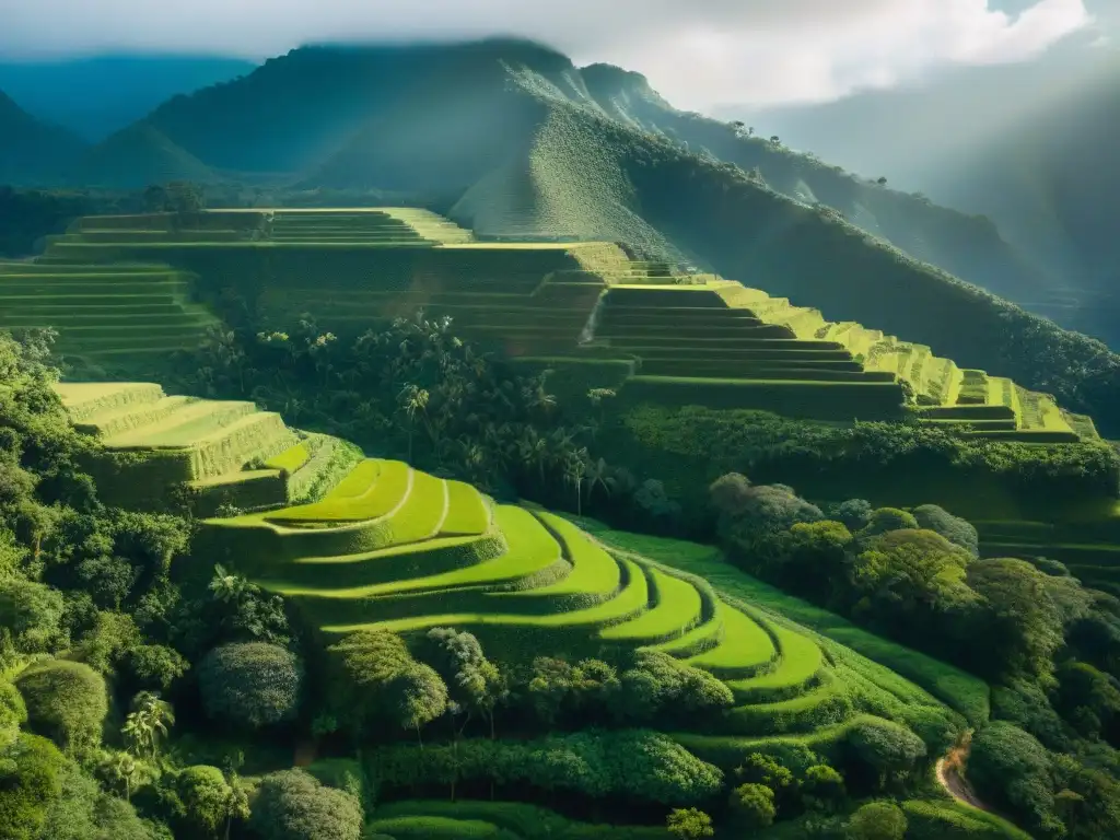 Vista aérea impresionante de terrazas de cultivo mayas con uso sostenible del agua