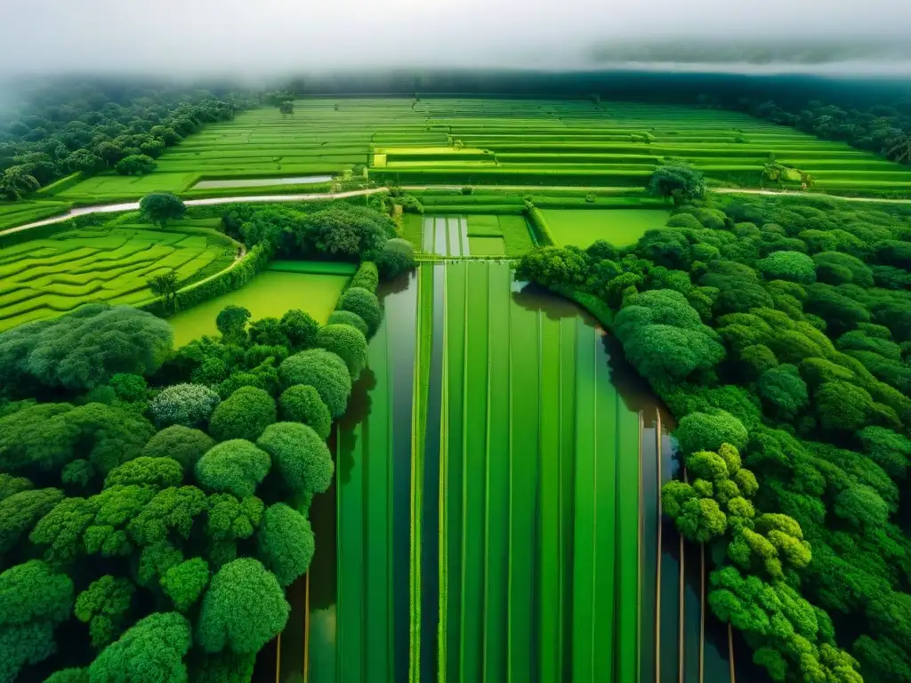 Una vista aérea intrincada de un paisaje verde exuberante, con canales de riego que recuerdan la gestión del agua en la cultura maya