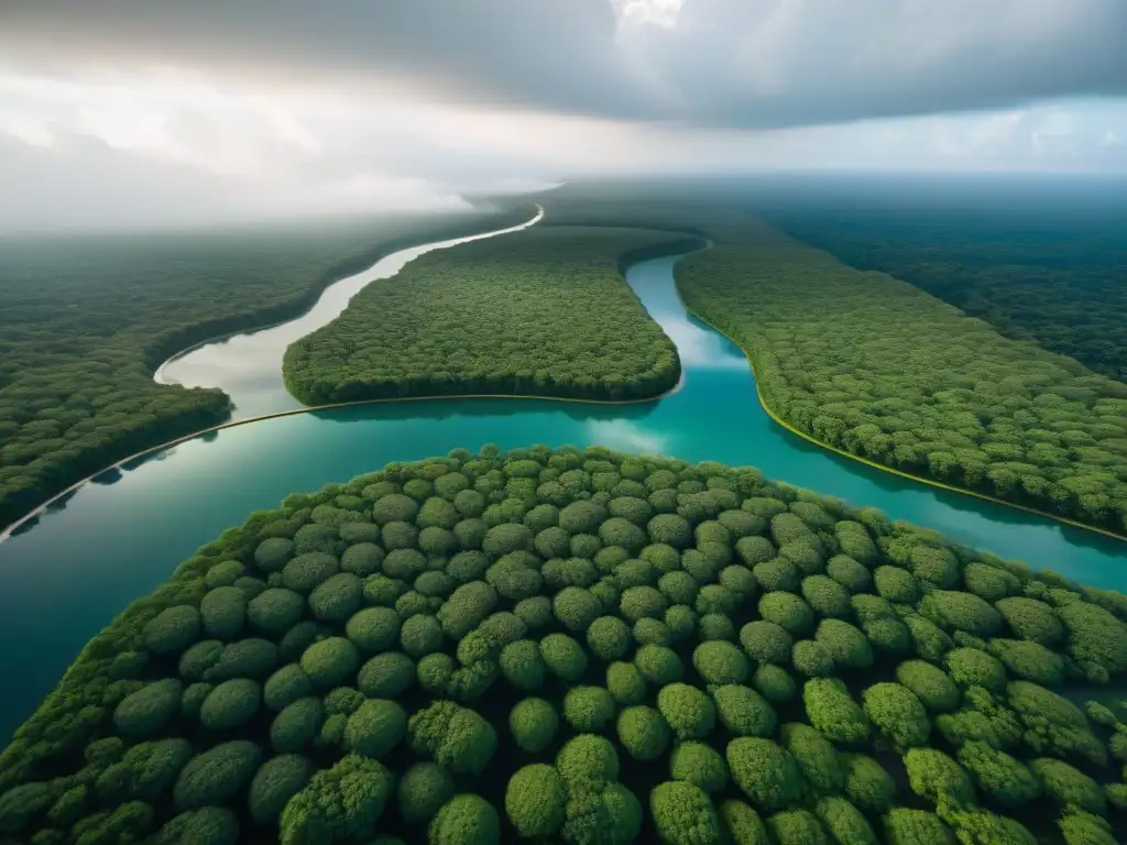 Vista aérea de la intrincada red de sistemas de gestión de cuencas hidrográficas mayas entre exuberante vegetación tropical