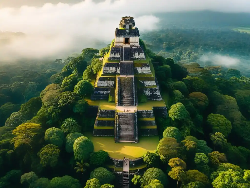 Vista aérea de la majestuosa arquitectura de piedra caliza maya en Tikal, Guatemala, entre la exuberante selva verde