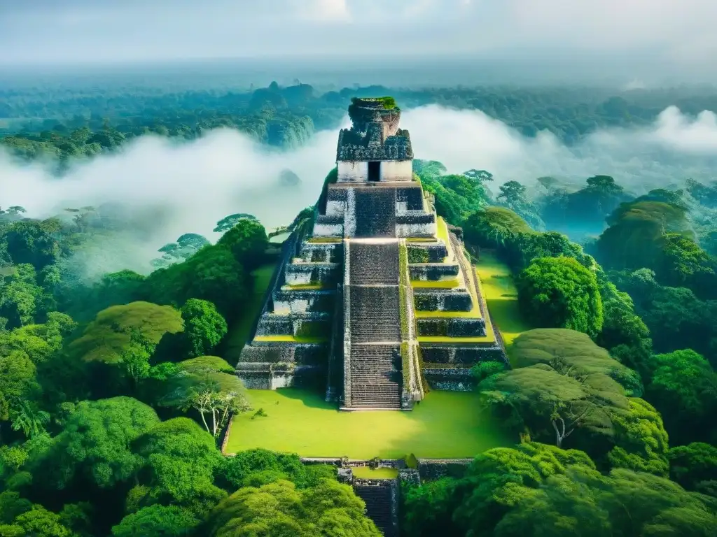 Vista aérea de majestuosas ruinas mayas en Tikal, pirámides rodeadas de jungla verde, neblina matutina creando atmósfera mística