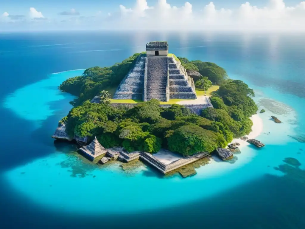 Vista aérea del mar Caribe con sitios arqueológicos mayas y sus habilidades náuticas