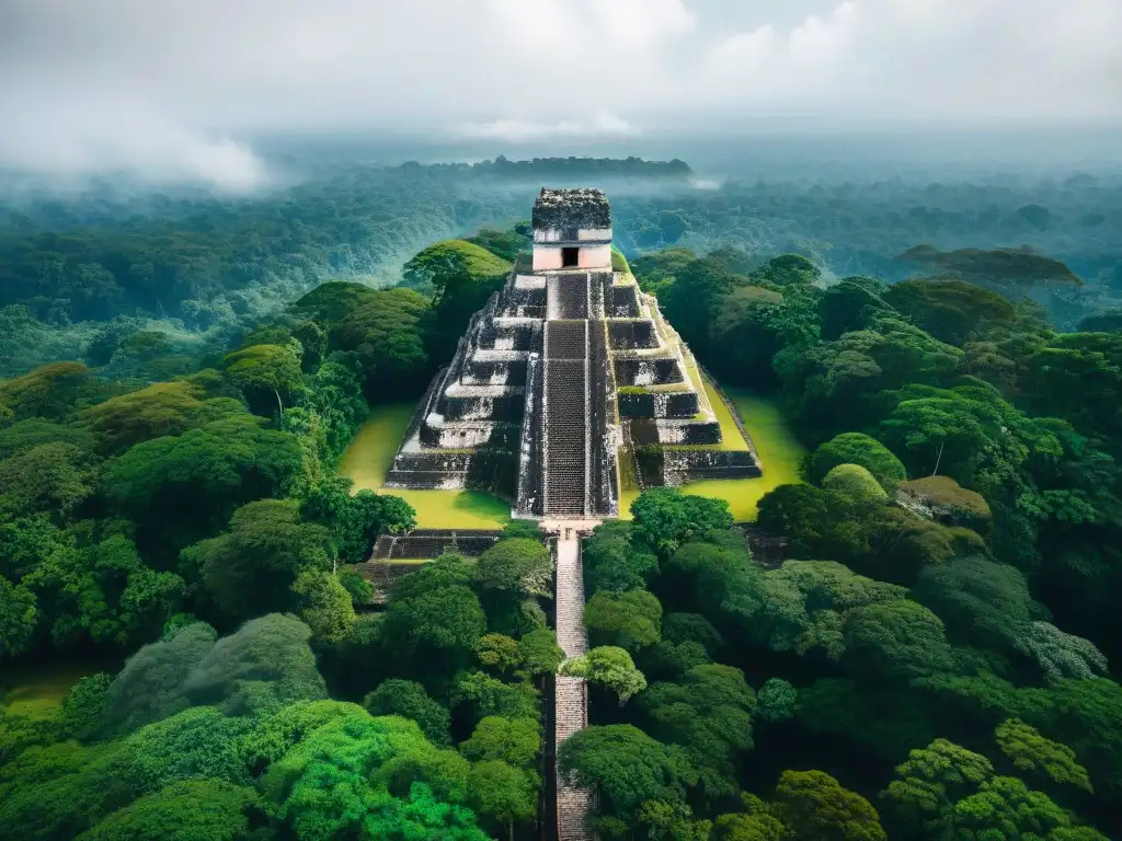 Vista aérea de la ingeniería hidráulica maya para ciudades en Tikal, con red de canales y acueductos en paisaje verde exuberante