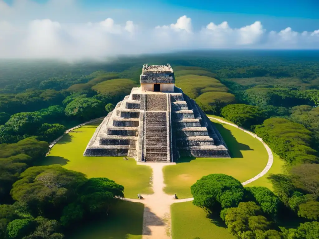 Vista aérea del Observatorio maya Chichén Itzá bajo el sol de la Península de Yucatán, rodeado de exuberante vegetación