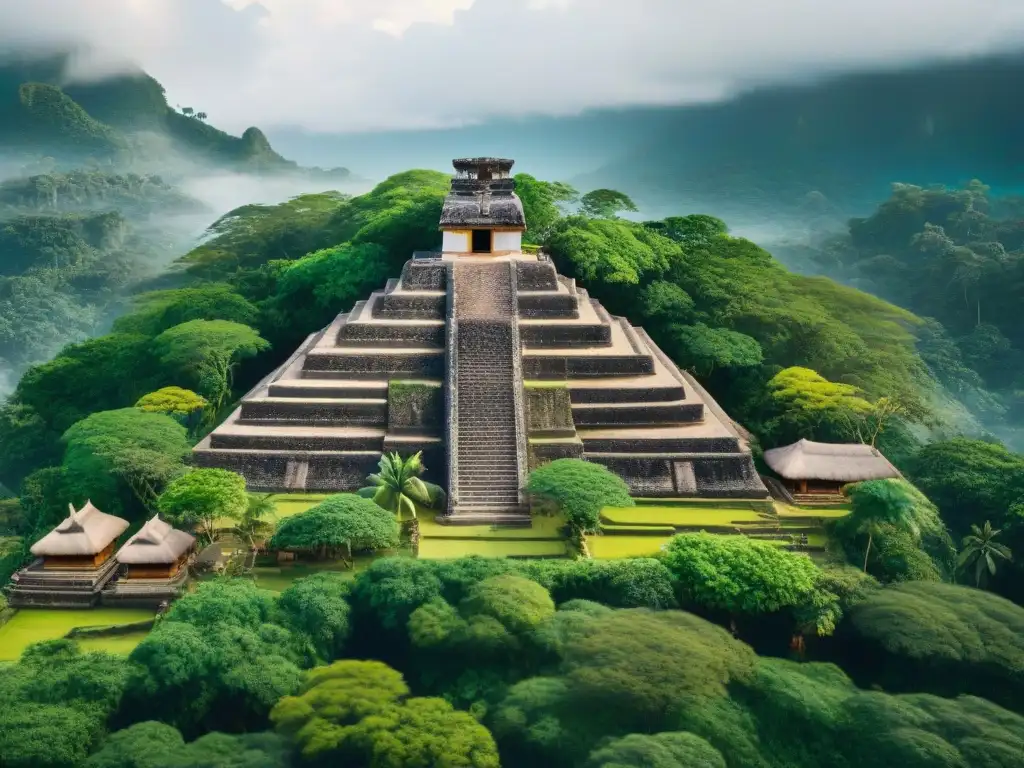 Vista aérea de un pueblo Maya, con diseño de vivienda maya simbolismo ancestral, colores vibrantes y exuberante vegetación