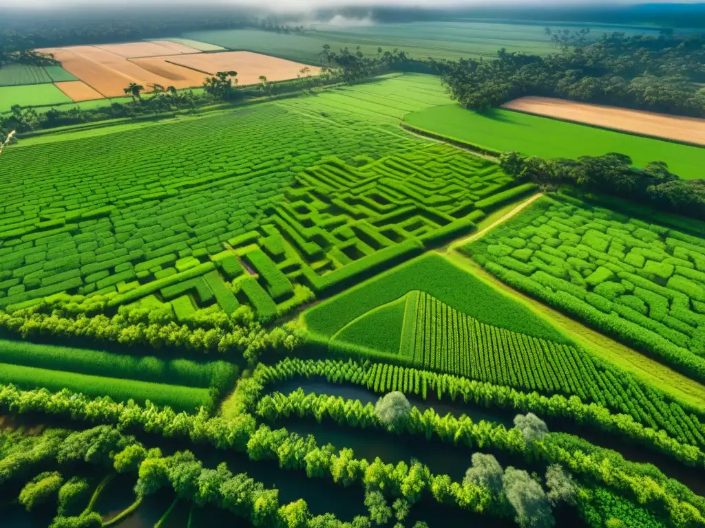 Vista aérea de red de canales y reservorios mayas para uso sostenible del agua en cultivos, con campos verdes y agricultores locales