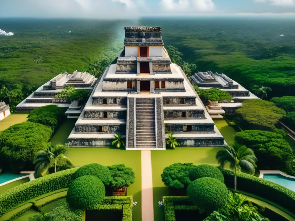 Vista aérea de residencia Élite Maya turismo cultural con pirámides y jardines exuberantes