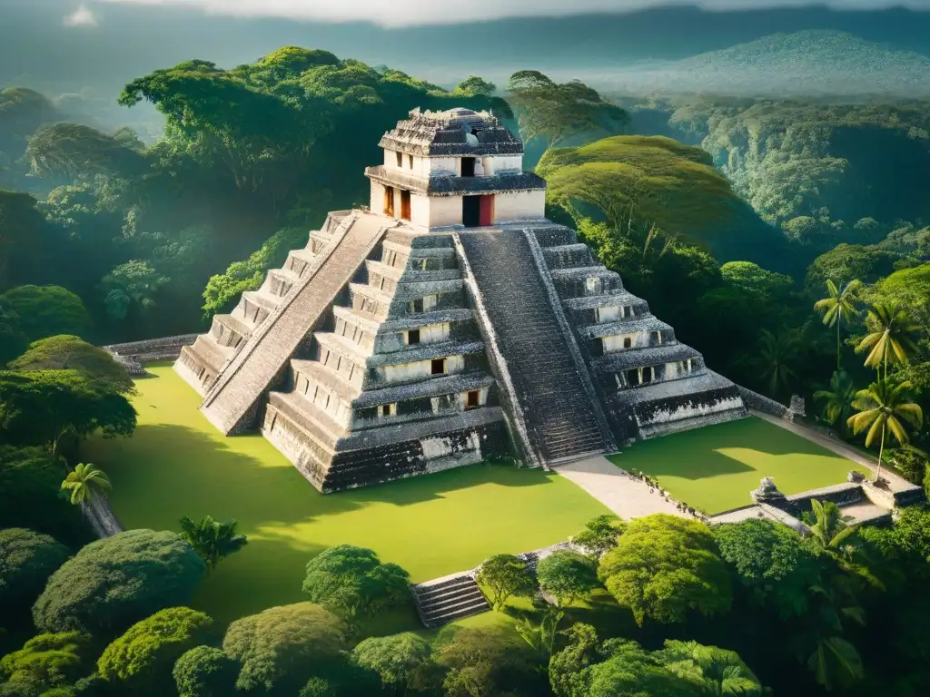 Vista aérea de alta resolución del majestuoso complejo Palenque Palace en México, resaltando los detalles arquitectónicos mayas