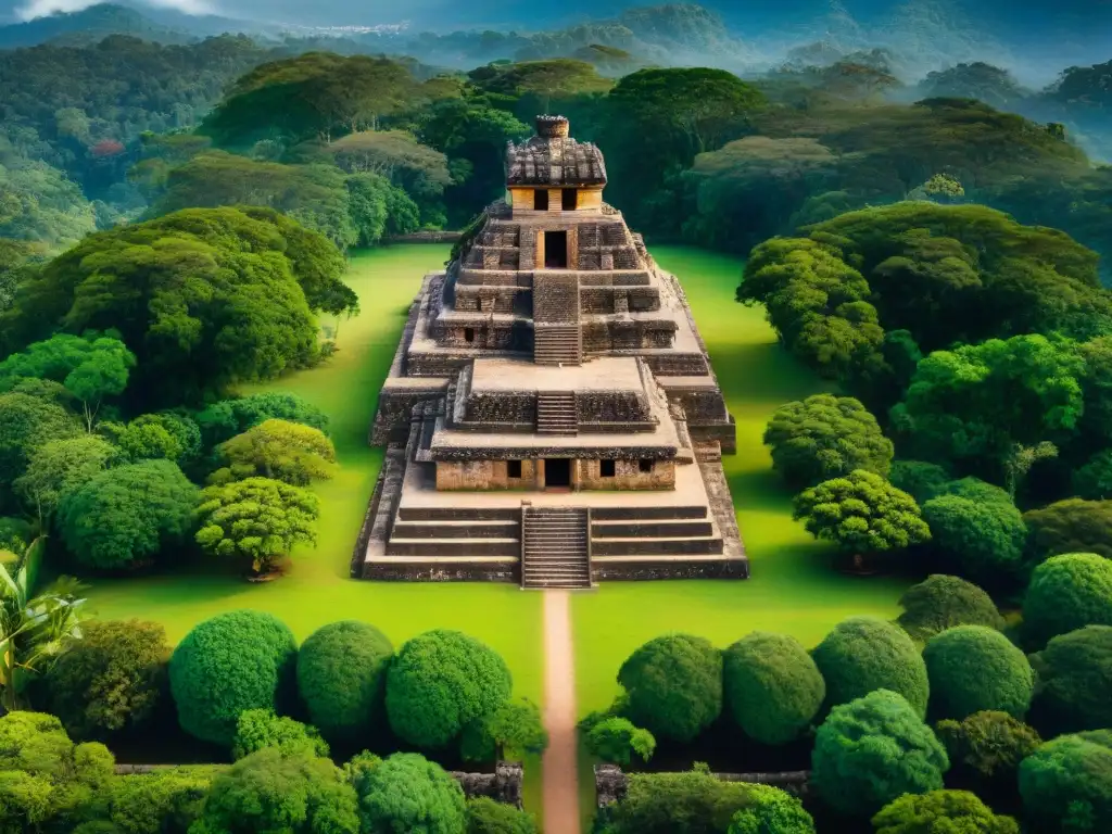 Vista aérea de alta resolución del sitio arqueológico de Copán en Honduras, destacando las intrincadas esculturas de piedra y la Estela de Venus