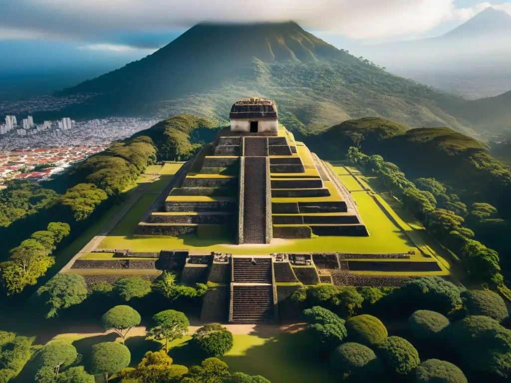 Vista aérea de alta resolución de las ruinas de la antigua ciudad precolombina Kaminaljuyu en Guatemala, rodeada de exuberante vegetación