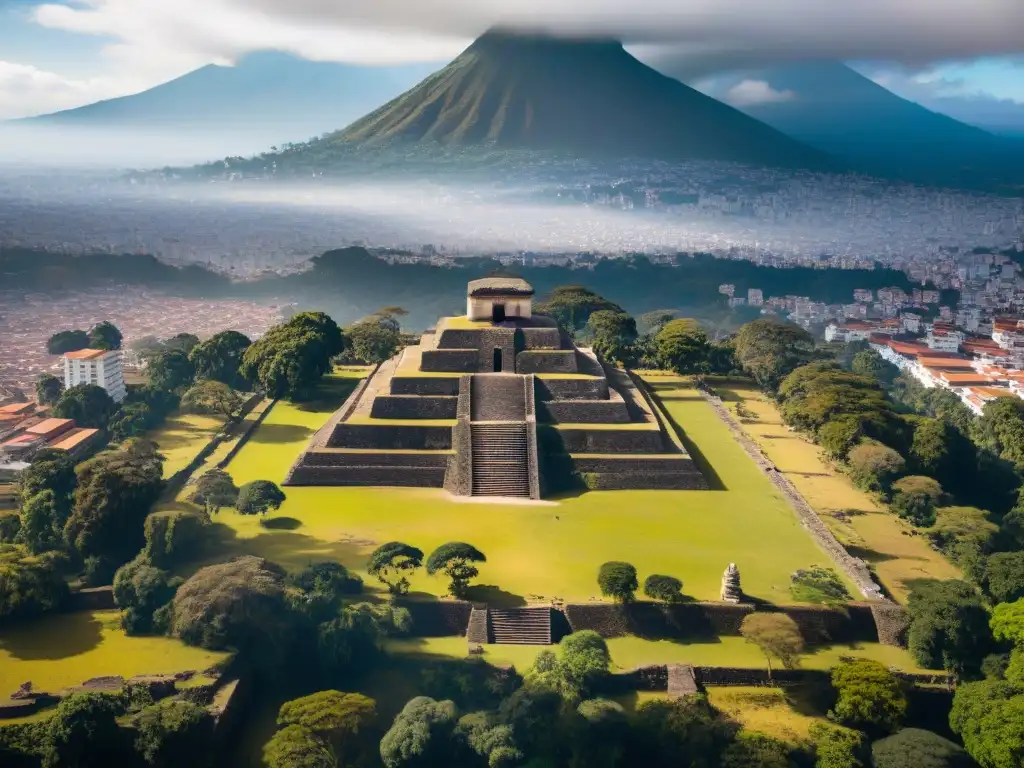 Vista aérea de ruinas de Kaminaljuyu, ciudad precolombina en Guatemala, con pirámides y templos, contrastando con la urbe moderna