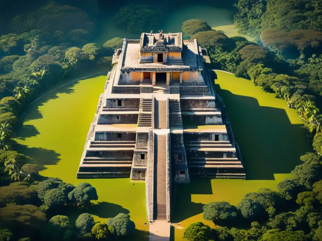 Vista aérea de ruinas Maya, destacando la conexión celestial en la arquitectura maya