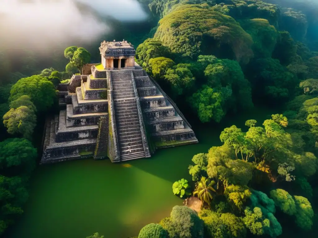 Vista aérea de ruinas Mayas inexploradas entre exuberante vegetación capturada por drones, revelando misterios y historia por descubrir