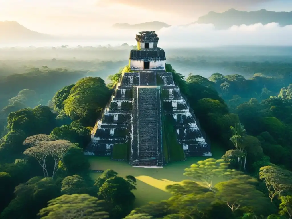 Vista aérea de ruinas mayas en Tikal, Guatemala, destacando la tecnología en turismo cultural maya