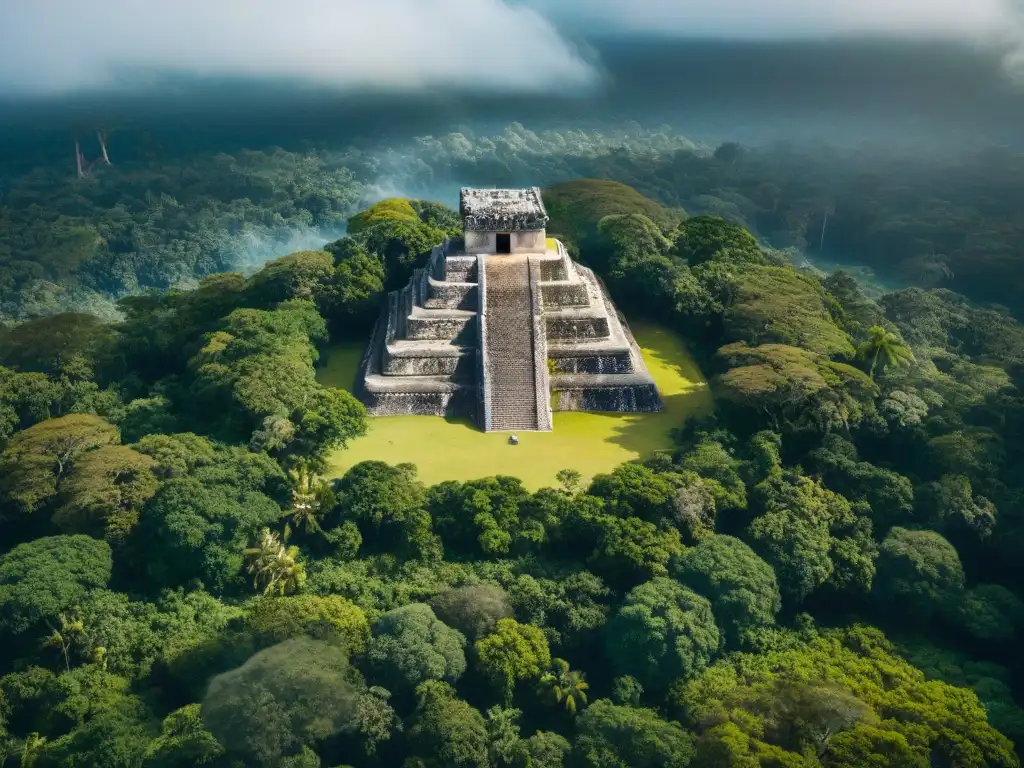 Vista aérea de ruinas mayas rodeadas de exuberante selva, destacando equilibrio turismo y conservación maya