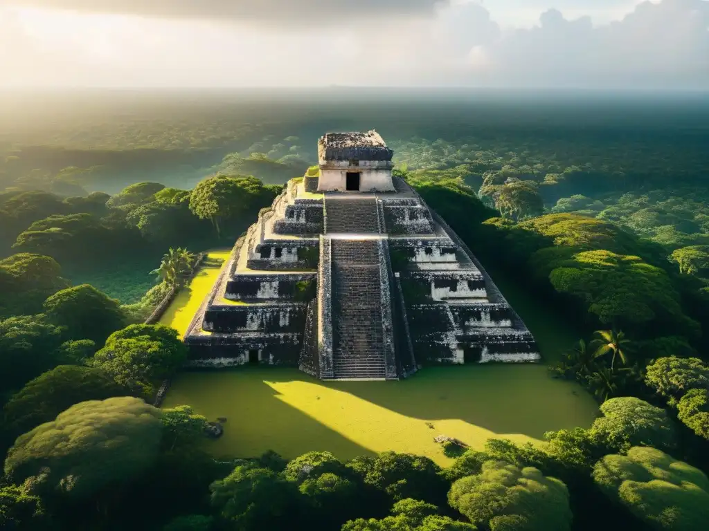 Vista aérea de ruinas mayas rodeadas de exuberante jungla, destacando estructuras de piedra entre la densa vegetación