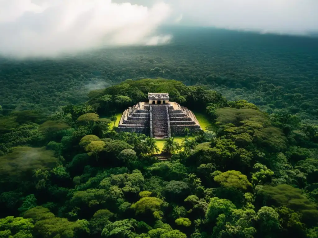 Vista aérea de ruinas mayas en la densa selva de la Península de Yucatán, mostrando la expansión territorial civilización maya