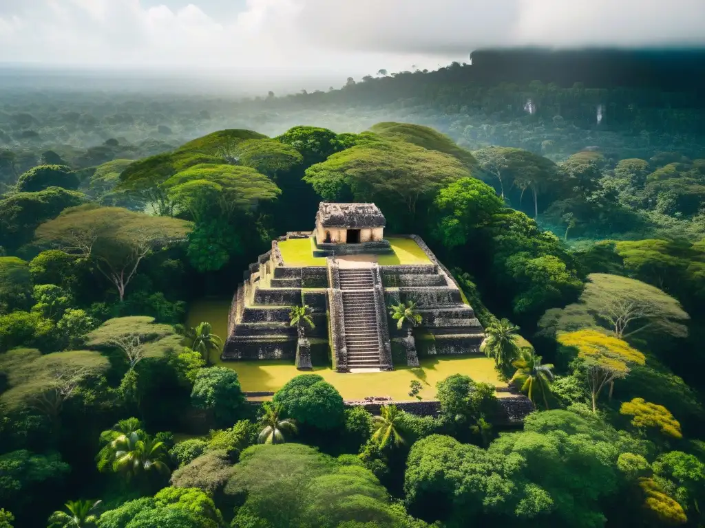 Ruinas Mayas en la Selva: Detalles Históricos Vista aérea de ruinas mayas en la selva, resaltando detalles arquitectónicos