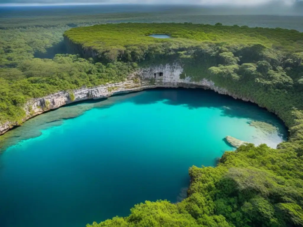 Vista aérea del sagrado cenote maya de Ik Kil, con aguas cristalinas y vegetación exuberante