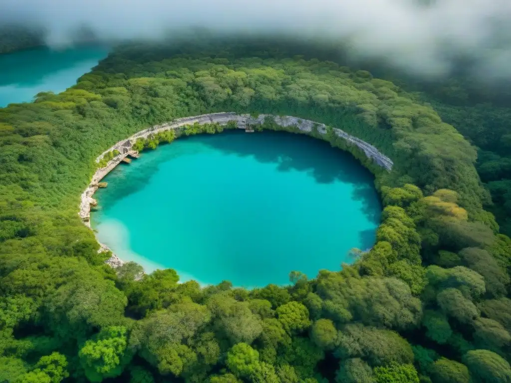 Vista aérea del sagrado Cenote en Chichén Itzá, resaltando sus aguas turquesas y estructuras antiguas, reflejando la importancia de los cenotes mayas