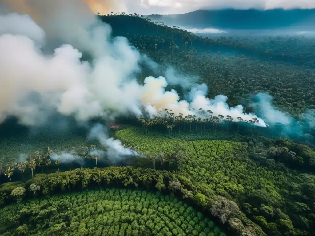 Una vista aérea de una selva exuberante siendo transformada por la agricultura roza, tumba, quema maya