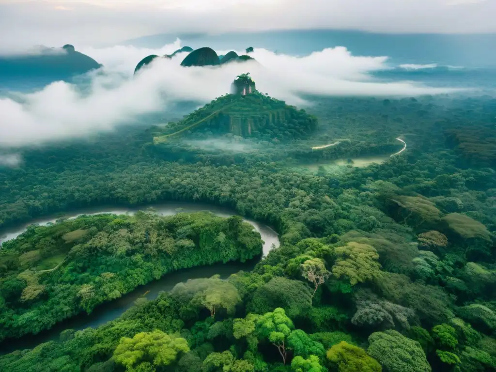 Vista aérea de selva guatemalteca, ríos serpenteantes y ruinas mayas en armonía con la naturaleza