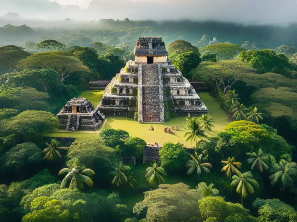 Vista aérea de la selva con templo maya cubierto de vegetación, comunidad local protegiendo el sitio