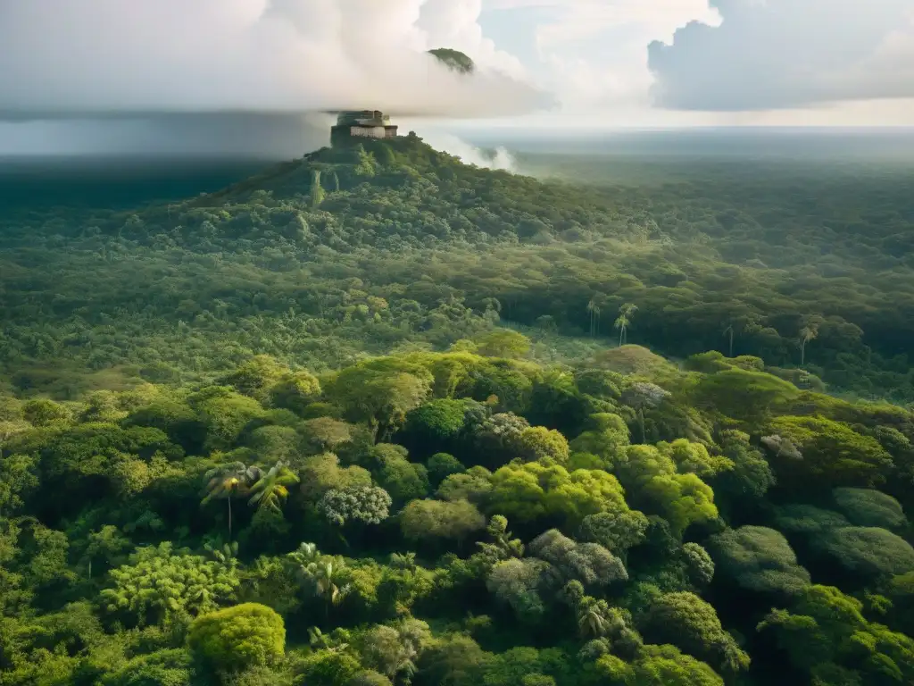 Vista aérea de la selva tropical en la Península de Yucatán con ruinas mayas y plantas nativas: Importancia plantas conservación cultura maya