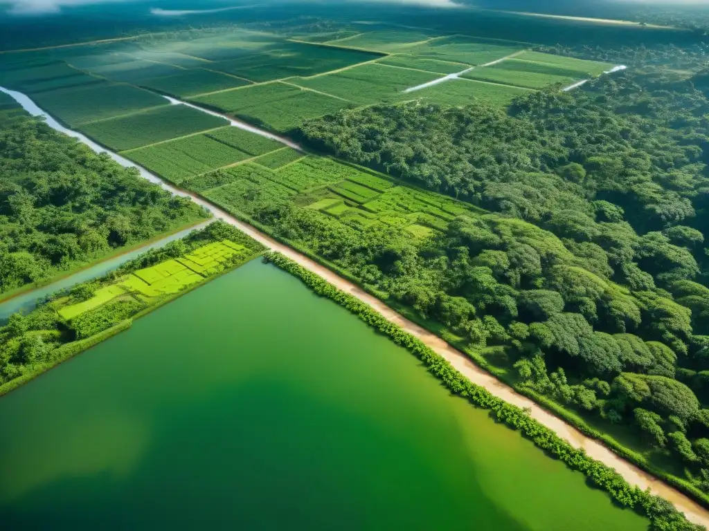 Vista aérea de sistemas de irrigación en la civilización maya, con canales y terrazas en paisaje verde