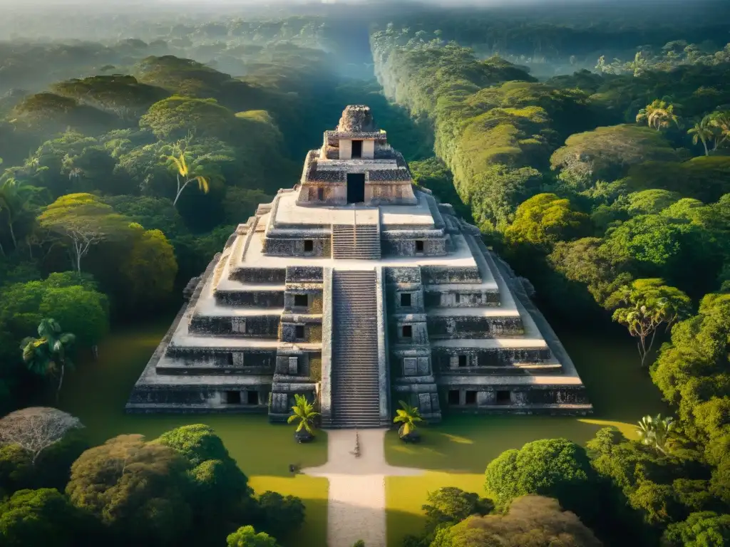 Vista aérea de un sitio arquitectónico maya postconflicto con templos parcialmente restaurados y exuberante vegetación selvática