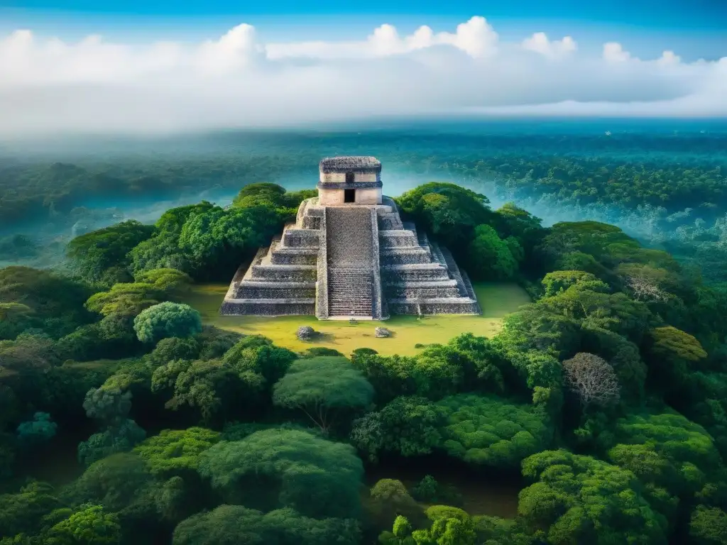 Vista aérea de sitio arqueológico maya con sensores remotos, cambio climático y ruinas antiguas