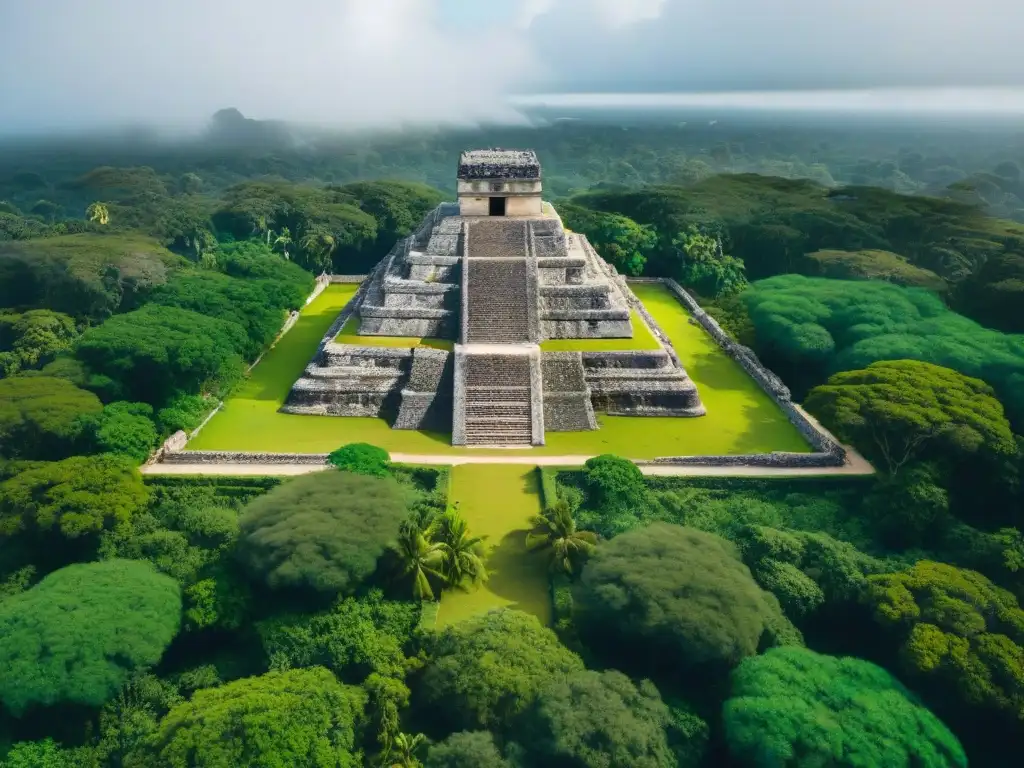 Vista aérea de sitio arqueológico maya con estructuras antiguas y vegetación exuberante