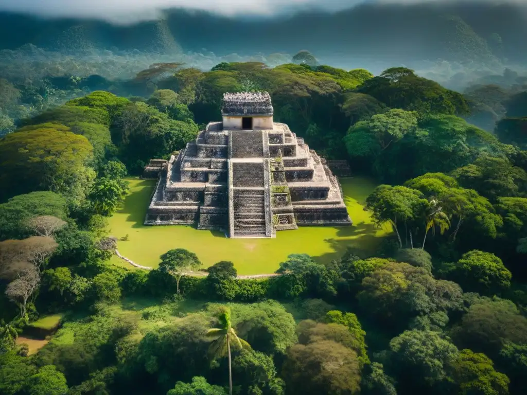 Vista aérea de sitio arqueológico maya con ruinas antiguas entre exuberante vegetación