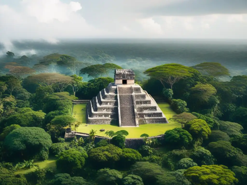 Vista aérea de sitio maya rodeado de naturaleza, destacando la integración arquitectónica y el impacto ambiental construcciones mayas