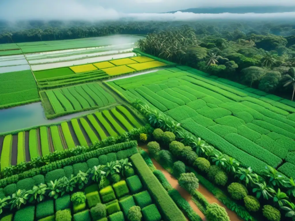 Vista aérea de la técnica agrícola maya Chinampa, mostrando armonía entre humanos y naturaleza