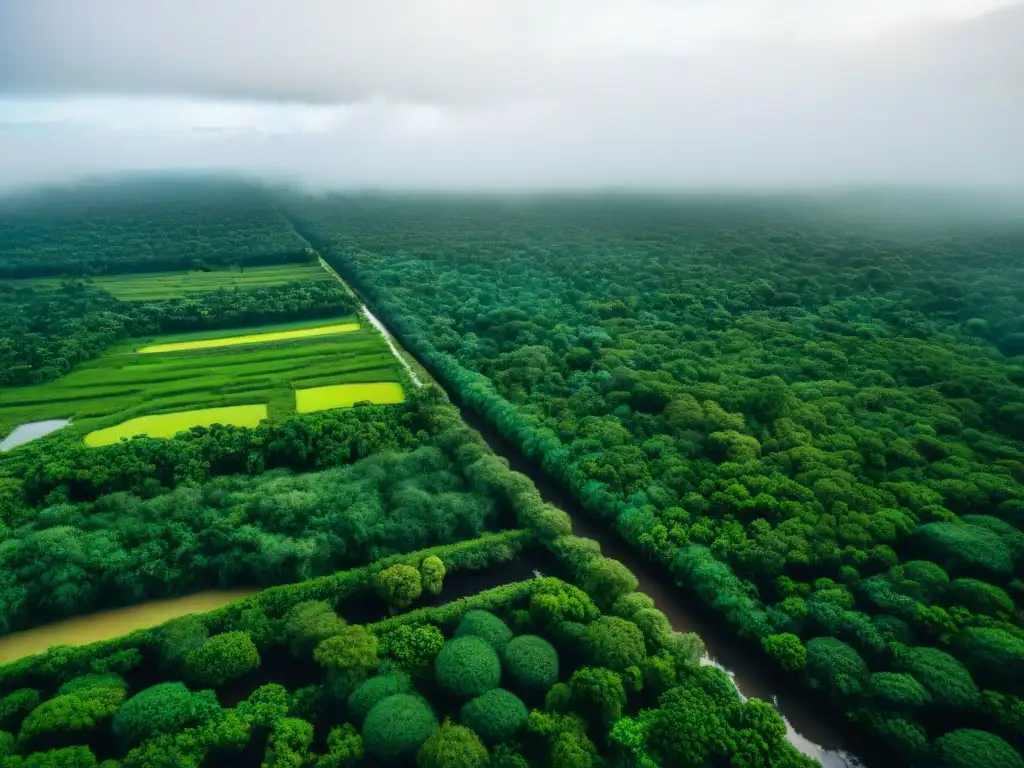 Vista aérea de las tecnologías verdes para conservación maya en paisaje exuberante