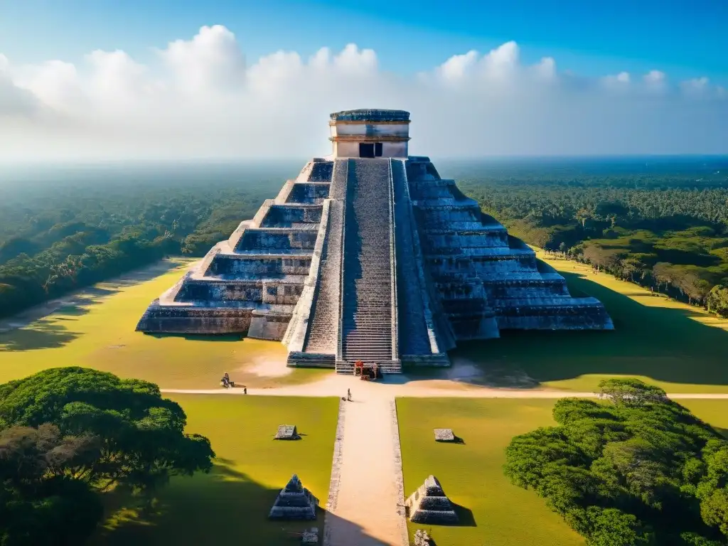 Vista aérea del Templo de Kukulkán en Chichén Itzá, resaltando su función como calendario solar