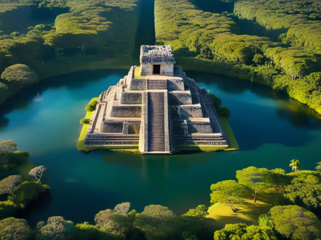 Vista aérea del Templo del Sol en Dzibilchaltún durante los equinoccios, con sombras largas y paisaje verde vibrante